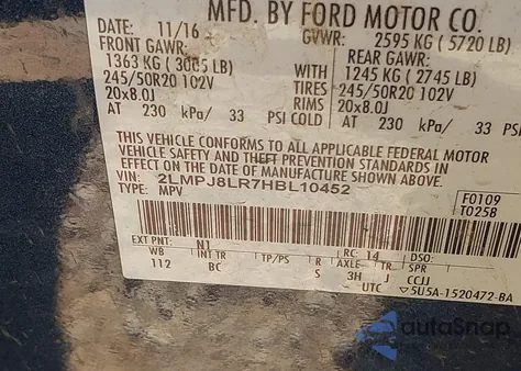 2017 Lincoln Mkx Reserve z USA, uszkodzony, nr VIN 2LMPJ8LR7HBL10452